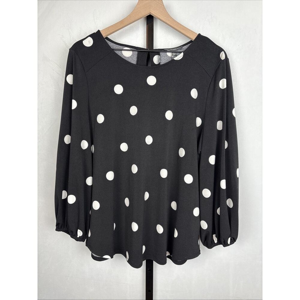 Adrianna Papell Women’s Large Black Polka Dot Blouse 3/4 Sleeve Career Flowy NEW